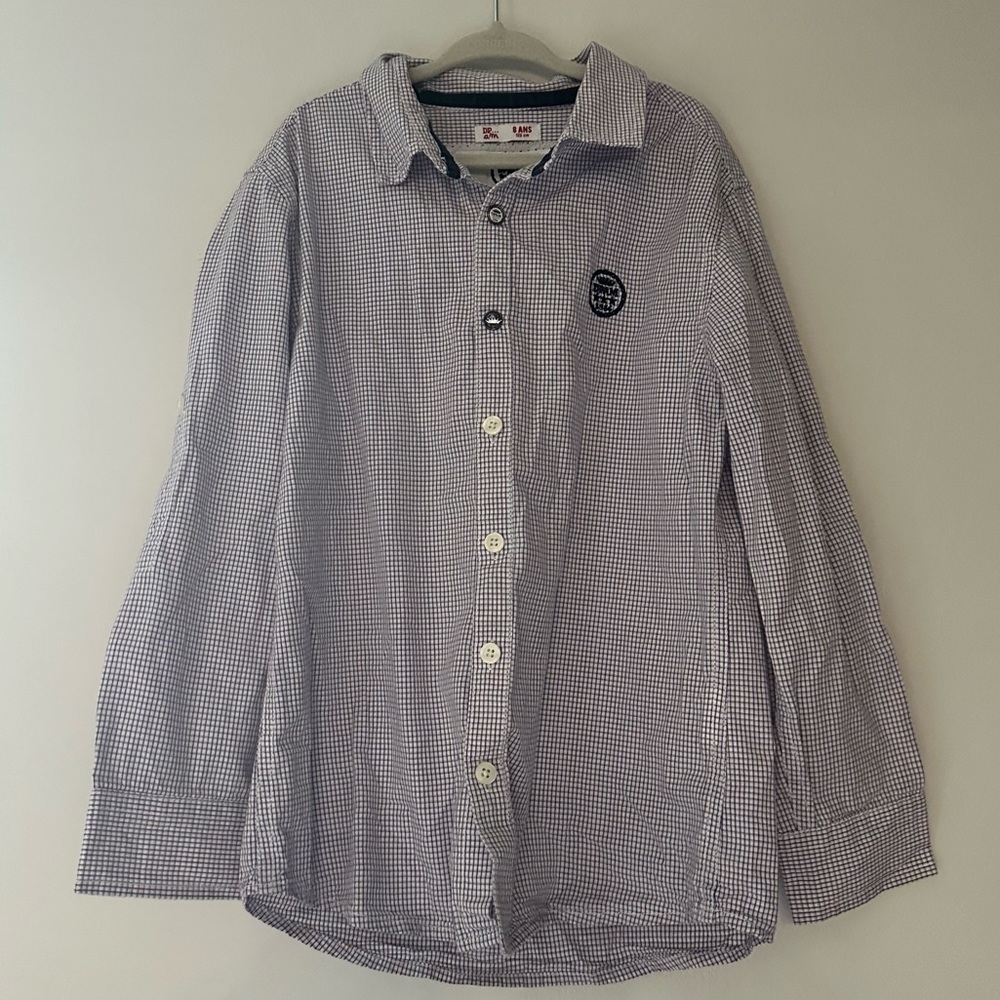 Youth boy DPAM Ligne Garçon purple white checker button down dress shirt size 8